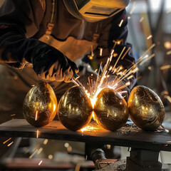caster welding metal Easter eggs, with sparks flying, suggesting a process of creation or transformation. 
