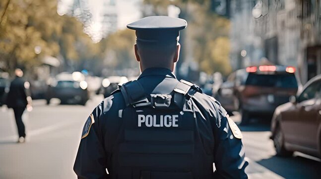 Police Officer Walking Down Urban Street Generative AI