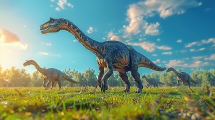 Fototapeta premium Dinosaurs in the Triassic period age in the green grass land and blue sky background, Habitat of dinosaur, history of world concept