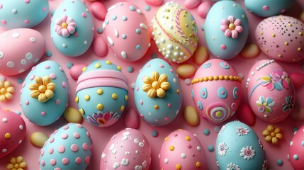Fototapeta na wymiar Colorful Easter eggs with decorative patterns on a pink background