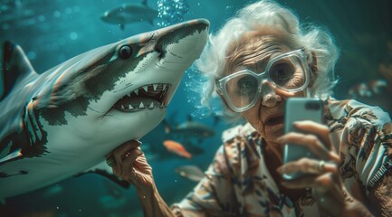 Elderly Woman Scuba Diving with a Shark - obrazy, fototapety, plakaty