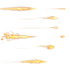 High quality set of isolated fire flames in different shapes, flying, in motion. Flame, explosion after gun fire. Transparent background.