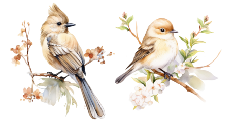 Two birds on flowering branches in watercolor