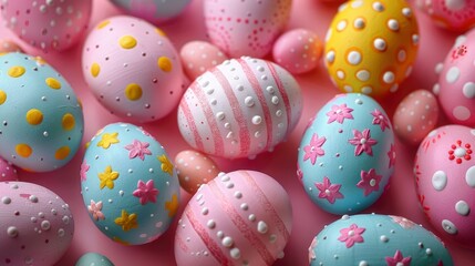 Fototapeta na wymiar Colorful Easter eggs with decorative patterns on a pink background