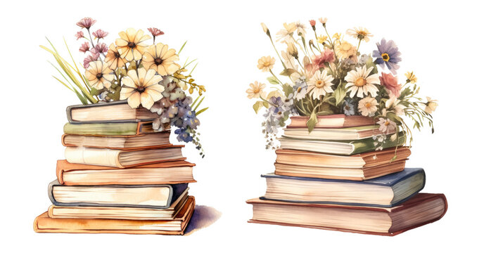 Stack of books with watercolor flowers