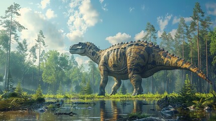 Dinosaurs in the Triassic period age in the green grass land and blue sky background, Habitat of dinosaur, history of world concept