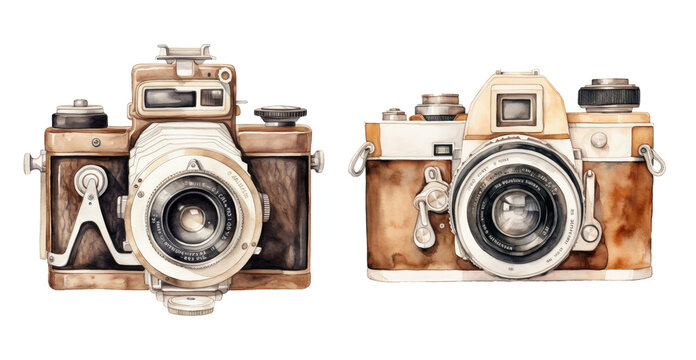 Watercolor painting of vintage cameras