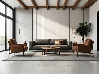 living room interior mockup, modern furniture and decorative arch with trendy dried flowers with white sofa and armchair on the White Background