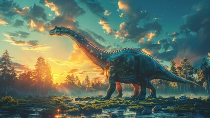 Dinosaurs in the Triassic period age in the green grass land and blue sky background, Habitat of dinosaur, history of world concept - obrazy, fototapety, plakaty