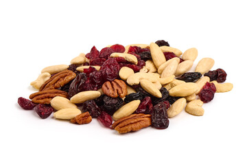 Healthy snack: mixed nuts and dried fruits, isolated on white background.