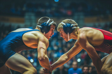 Two young men free style wrestlers while national men's wrestling championship.