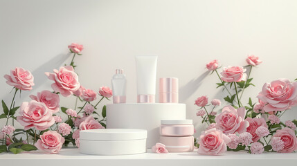 White 3D podium adorned with pink roses, featuring beauty products set against a natural backdrop