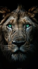 Portrait of huge beautiful male African lion with green eyes against black background - obrazy, fototapety, plakaty