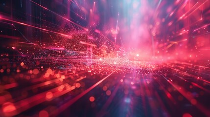 A high-speed burst of data traveling through a digital landscape, depicted with vibrant pink and red light streams and particles.