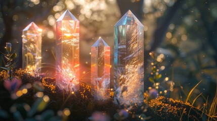 Magical scene of radiant crystals standing tall amidst a mystical forest glade, with golden sparkles and soft light diffusing through.