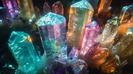 A cluster of radiant, multi-colored crystals emerges from the darkness, casting an ethereal glow with intricate details visible within each facet.