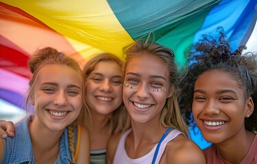 Young LGBT rights activists waving a rainbow flag and a broad mix of gay and lesbian persons - obrazy, fototapety, plakaty