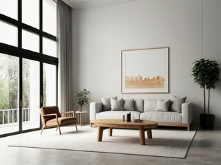 living room interior mockup, modern furniture and decorative arch with trendy dried flowers with white sofa and armchair on the White Background