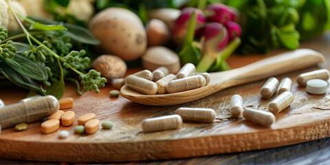 Alternative medicine, vitamins and supplement from natural on wood with wooden background