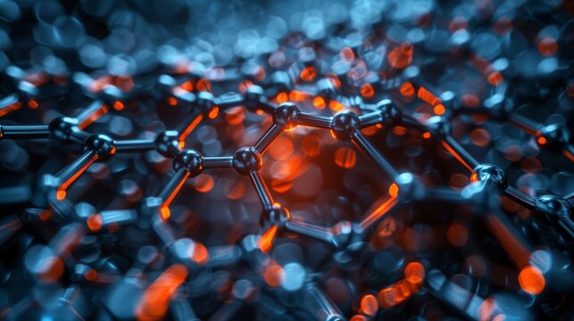 A close-up image of a graphene molecular structure with atoms and bonds illuminated by energetic orange highlights, representing the forefront of material science.