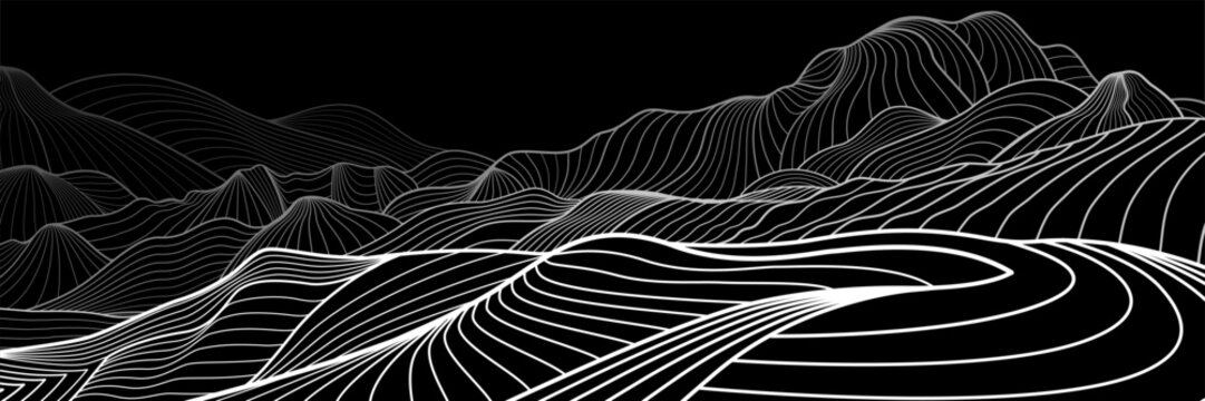 Abstract mountains outline illustration. Dark night landscape. Himalayas. Snow hills. White line on black background. Vector design art