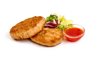 Fried pork cutlets in breadcrumbs, isolated on white background.