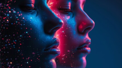 A captivating cyberpunk portrait featuring two faces bathed in contrasting neon blue and red lights, with particles suggesting a digital aura.