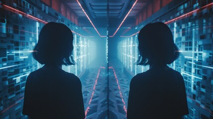 A human silhouette is reflected in the symmetry of a high-tech, futuristic server room illuminated by neon lights. - obrazy, fototapety, plakaty