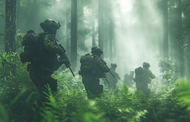 Troops from the military force going carefully through a forest in a commando formation - obrazy, fototapety, plakaty
