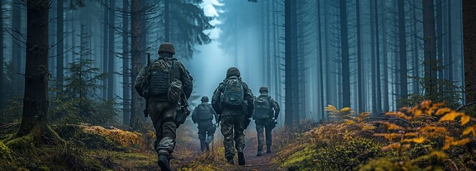 Troops from the military force going carefully through a forest in a commando formation - obrazy, fototapety, plakaty