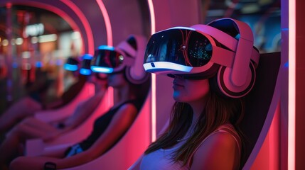 Individuals with VR headsets immersed in virtual gaming at a futuristic arcade.