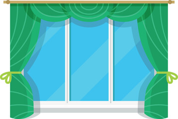 Cartoon window with green drapery. Cozy home element