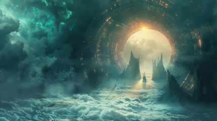 A fantastical digital art landscape featuring a celestial portal above an ocean amidst clouds and rock formations.