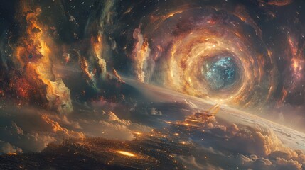 A breathtaking vista of a spiral galaxy merging with a majestic cloudscape, evoking a sense of grandeur.