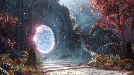 A vibrant digital artwork of a magical forest with a luminescent orb, waterfall, and autumnal trees.