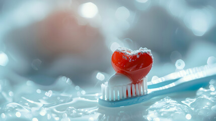 Red heart gel on brush, affectionate oral hygiene. Brushing teeth with love, heart-shaped candy taste toothpaste on toothbrush on wet bokeh background. Teeth care with love. Dental health concept