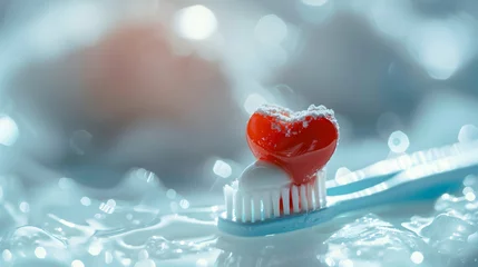 Foto op Plexiglas Red heart gel on brush, affectionate oral hygiene. Brushing teeth with love, heart-shaped candy taste toothpaste on toothbrush on wet bokeh background. Teeth care with love. Dental health concept © Alina