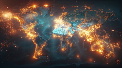 Artistic visualization of global connectivity with bright network lines and nodes highlighting world communication infrastructure.