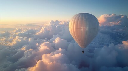 A high-altitude balloon with a compact work station inside, floating above the clouds, representing ultimate isolation and inspiration - obrazy, fototapety, plakaty