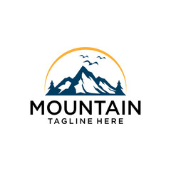 hand drawn vector natural landscape illustration with mountains sun and moon at first glance. silhouette landscape. Use for travel and nature backgrounds and cards