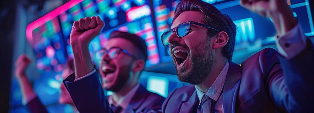 A group of prosperous stock exchange brokers are celebrating their successful investment bid on the securities market.