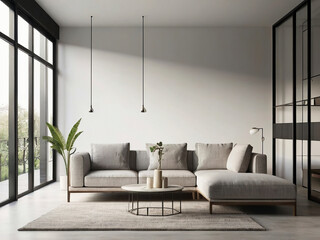 living room interior mockup, modern furniture and decorative arch with trendy dried flowers with white sofa and armchair on the White Background