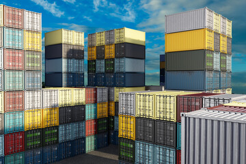 Stacked Shipping Containers at a Commercial Freight Terminal 3d image - obrazy, fototapety, plakaty