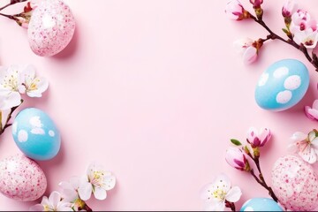 Fototapeta na wymiar Happy Easter card concept. Border Frame with pink and blue speckled easter eggs with copy space for text isolated on white background. Top view