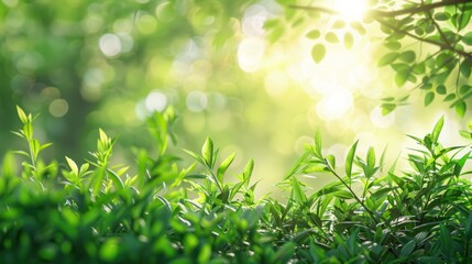 sunny  background of green grass and blurred foliage bokeh. 
