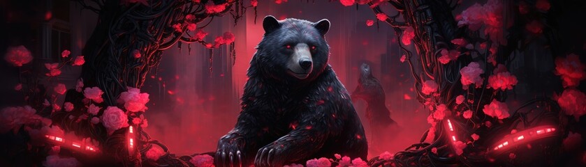 A charcoal drawing of an Asian black bear wearing a smartwatch sitting amidst bleeding heart vines - obrazy, fototapety, plakaty