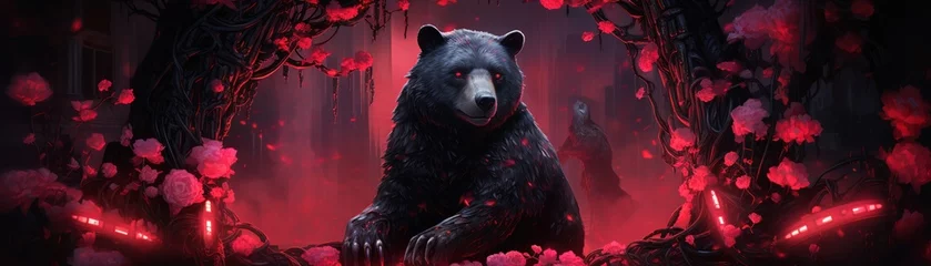 Poster A charcoal drawing of an Asian black bear wearing a smartwatch sitting amidst bleeding heart vines © Aoridea