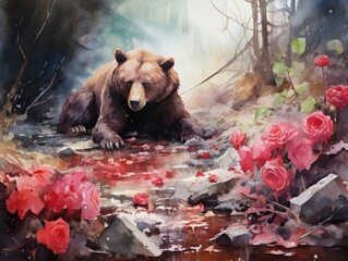A watercolor painting capturing the moment a brown bear stumbles upon a hidden field of roses with a smartphone lying forgotten on a nearby rock - obrazy, fototapety, plakaty