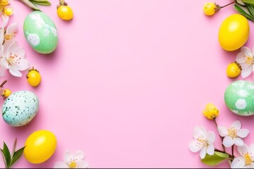 Naklejka na ściany i meble Happy Easter card concept. Border Frame with yellow and green speckled easter eggs with copy space for text isolated on white background. Top view