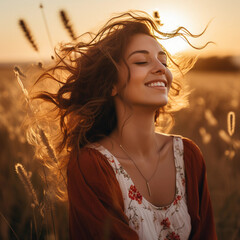 Backlit Portrait of calm happy smiling free woman with closed eyes enjoys a beautiful moment life on the fields at sunset 